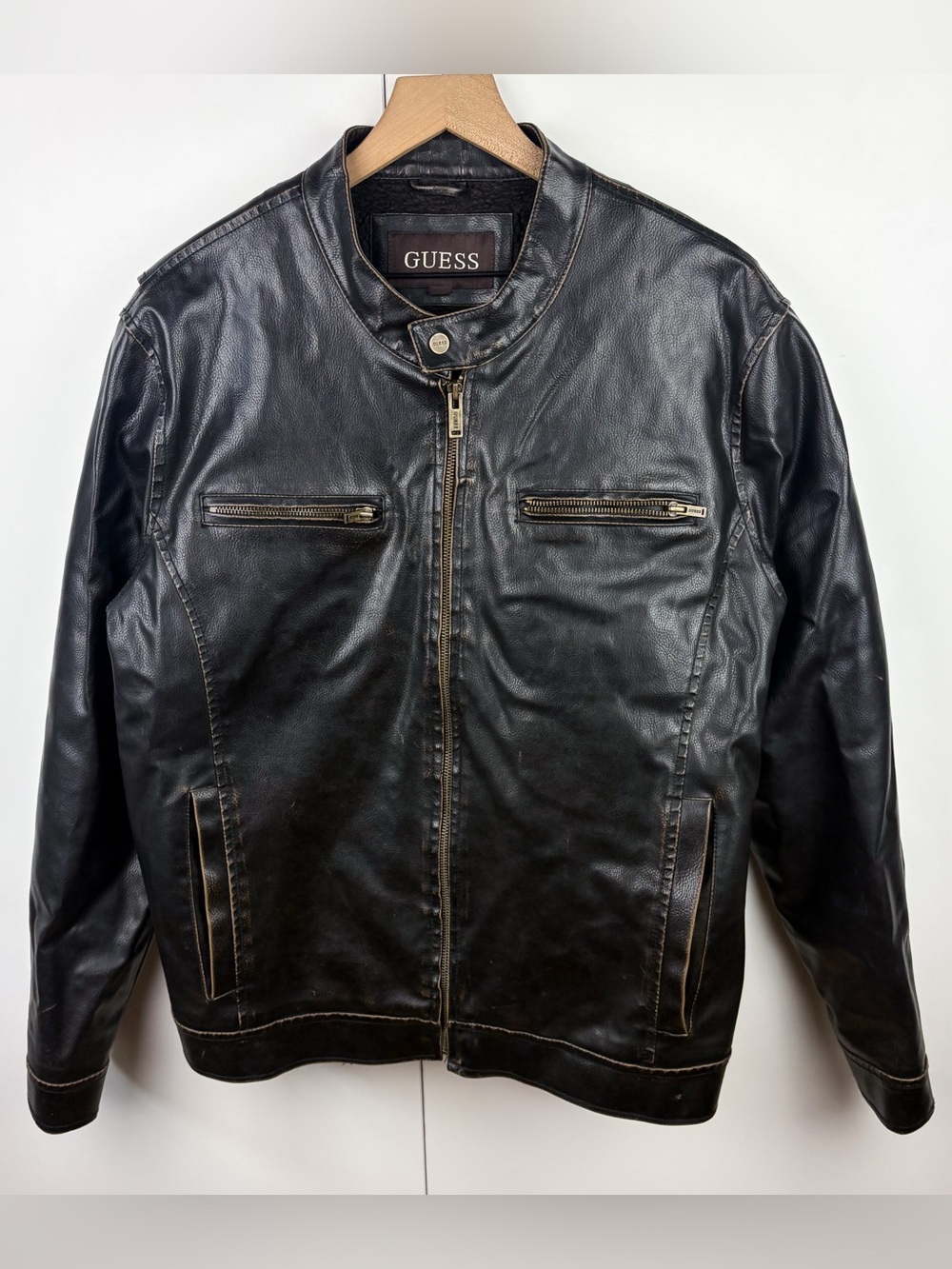 Guess Vintage Motorcycle Jacket Faux Leather Fleece Lined Black Moto Biker Black